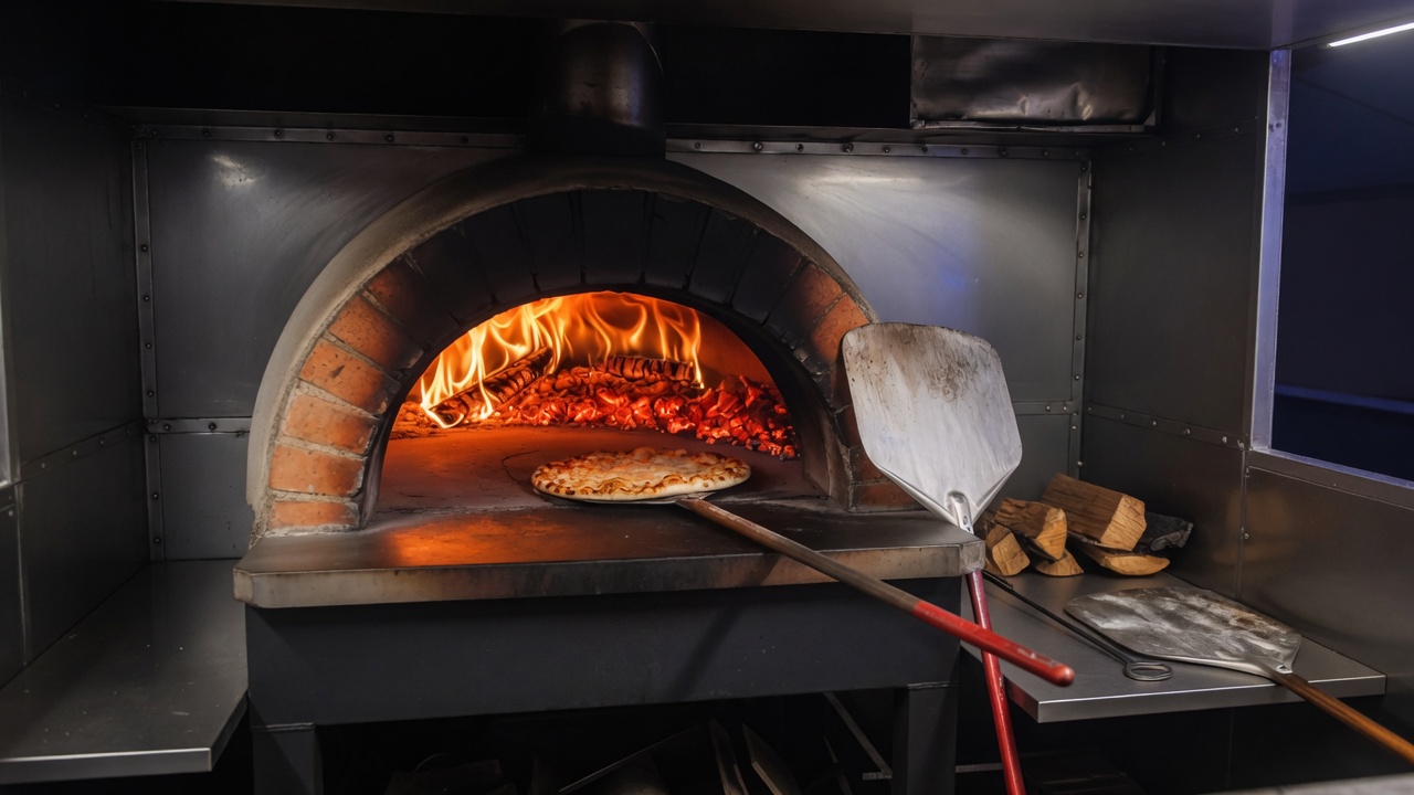 Wood-fired oven with a pie on the peel